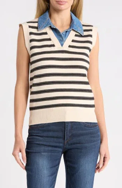 Democracy Denim Trim Sweater Vest In Stripe Black