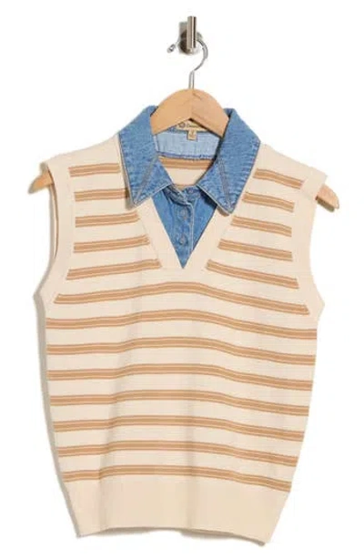 Democracy Denim Trim Sweater Vest In Stripe Camel