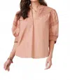 Democracy Elbow Puff Sleeve With Cuff Band Embroidered Woven Top In Sienna Clay In Orange