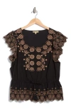 Democracy Embroidered Eyelet Flutter Sleeve Peplum Top