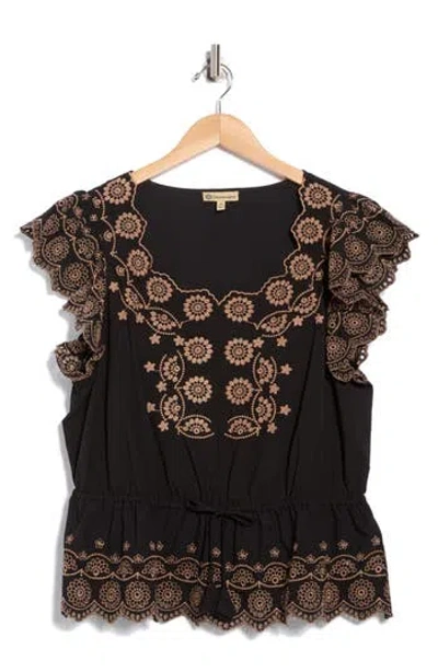 Democracy Embroidered Eyelet Flutter Sleeve Peplum Top In Multi