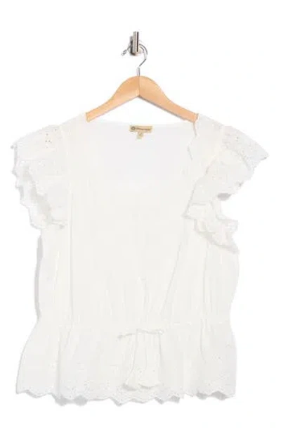 Democracy Embroidered Eyelet Flutter Sleeve Peplum Top In White