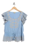 Democracy Embroidered Eyelet Flutter Sleeve Peplum Top