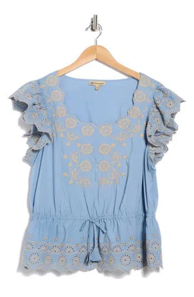 Democracy Embroidered Eyelet Flutter Sleeve Peplum Top