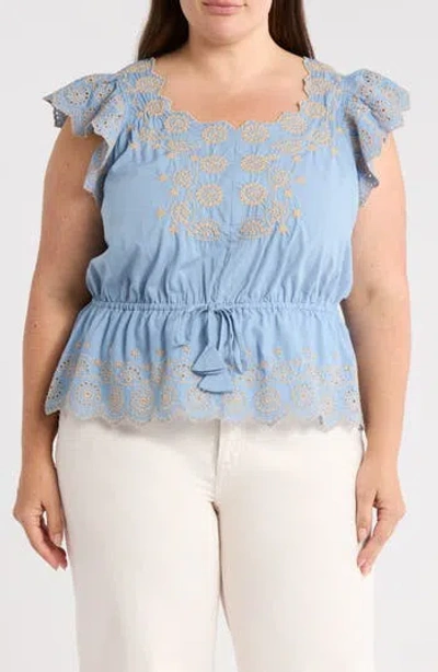 Democracy Embroidered Eyelet Flutter Sleeve Peplum Top In Blue