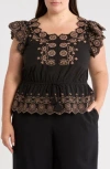 Democracy Embroidered Eyelet Flutter Sleeve Peplum Top In Black