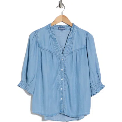 Democracy Embroidered Inset Button Up Top In Blue
