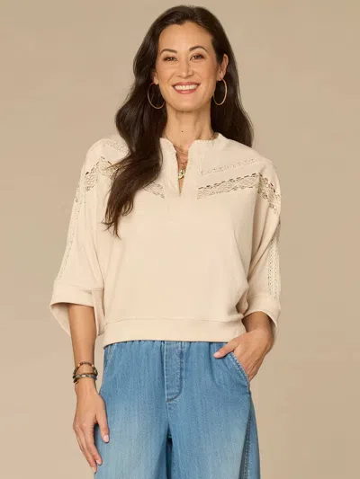 Democracy Embroidered Mandarin Collar Knit Top In Birch In Gray