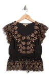 Democracy Embroidered Peplum Ruffle Sleeve Top In Multi