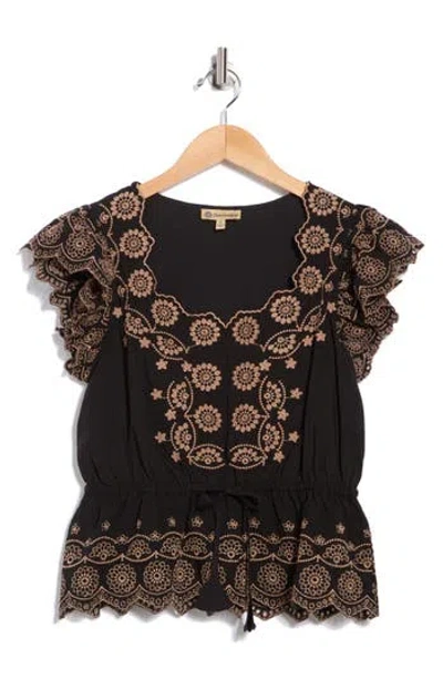 Democracy Embroidered Peplum Ruffle Sleeve Top
