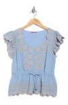 Democracy Embroidered Eyelet Flutter Sleeve Peplum Top