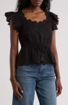 Democracy Embroidered Peplum Ruffle Sleeve Top In Black