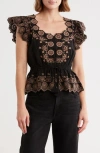 Democracy Embroidered Peplum Ruffle Sleeve Top In Gold