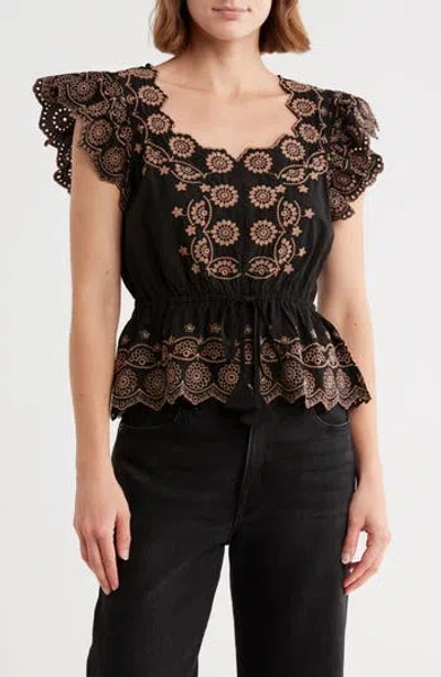 Democracy Embroidered Peplum Ruffle Sleeve Top In Multi