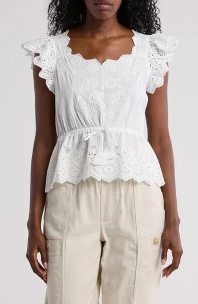 Democracy Embroidered Peplum Ruffle Sleeve Top In Off White