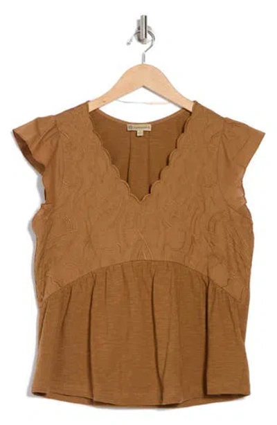 Democracy Embroidered Peplum Top In Brown