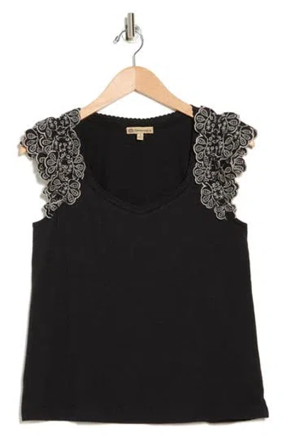 Democracy Embroidered Ruffle Sleeve Knit Top In Black/stone