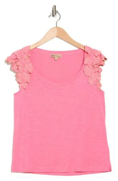 Democracy Embroidered Ruffle Sleeve Knit Top In Sachet Pink Biscotti