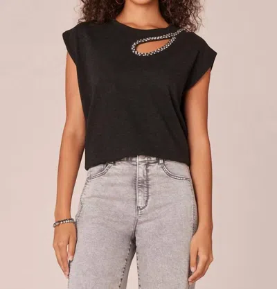 Democracy Extended Cap Sleeve Crew Neck Top With Rhinestone In Black