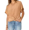 Democracy Extended Short Sleeve Round Neck Woven Top In Brown In Multi