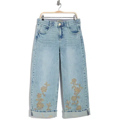 Democracy Floral Embroidered Cuffed Wide Leg Jeans In Blue