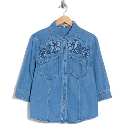 Democracy Floral Embroidered Denim Shirt Jacket In Blue