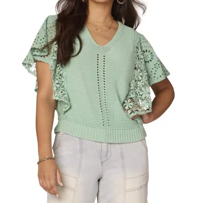 Democracy Flutter Short Sleeve Mix Media Top In Light Winter Green