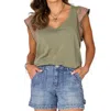 Democracy Flutter Sleeve Top In Olive In Multi