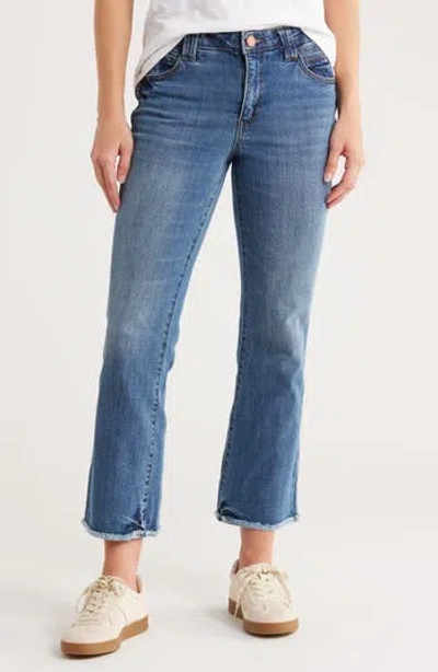 Democracy Fray Hem Crop Flare Leg Jeans In Mid Blue Artisanal