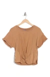 Democracy Extended Short Sleeve Round Neck Woven Top In Brown In Calt