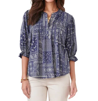 Democracy Lantern Sleeve Printed Woven Top In Navy In Blue