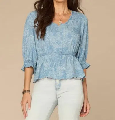 Democracy Lantern Sleeve V-neck Printed Lyocell Woven Top In Light Blue