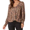 Democracy Long Blouson Sleeve V-neck Twisted Hem Printed Knit Top In Camel In Brown