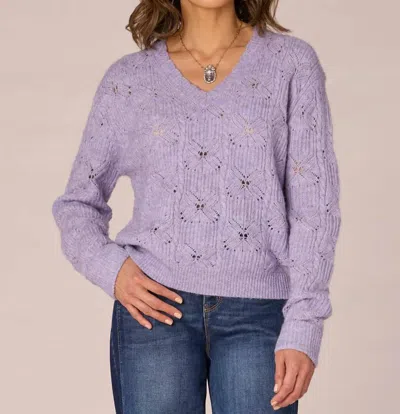 Democracy Long Cuffed Sleeve Pointelle Stitch Scallop Edge Sweater In Lavender In Purple