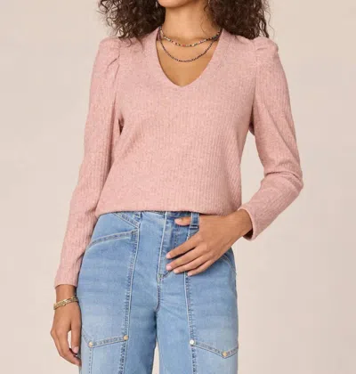 Democracy Long Puff Shoulder Sleeve V-neck Surplus Shirttail Hem Knit Top In Heather Mauve Rose In Multi