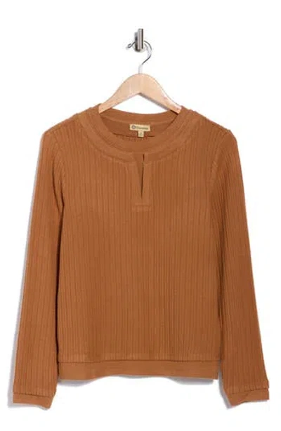 Democracy Long Sleeve Twofer Rib Knit Top In Brown
