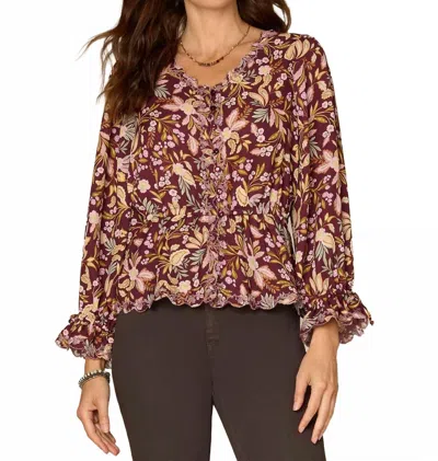 Democracy Long Tie Sleeve V-neck Printed Woven Top In Floral In Multi
