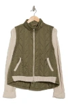 Democracy Mock Neck Quilted Two-fer Jacket In Olive/stone