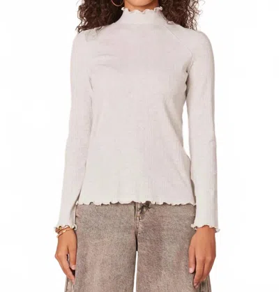 Democracy Mock Neck Raglan Sleeve Knit Top With Lettuce Edge In Heather Cream In White