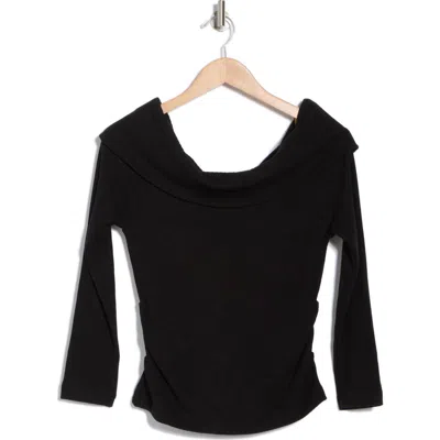 Democracy Off Shoulder Side Ruched Knit Top In Black