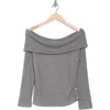 Democracy Off Shoulder Side Ruched Knit Top In Heather Charcoal