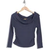 Democracy Off Shoulder Side Ruched Knit Top In Navy