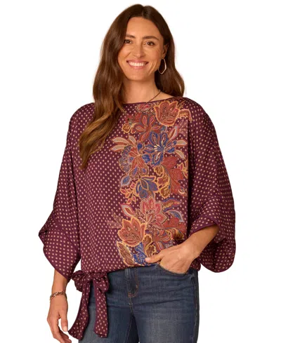 Democracy Petite 3/4 Dolman-sleeve Boat-neck Print Blouse In Fig Jam