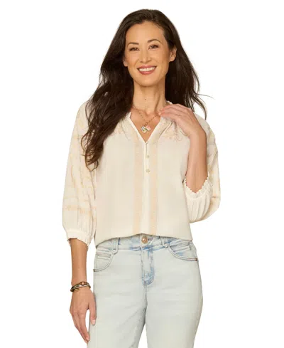 Democracy Petite 3/4-length Blouson Sleeve V-neck Top In Neutral