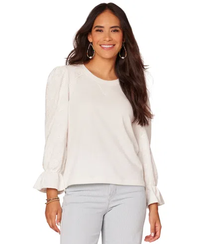 Democracy Petite 3/4-sleeve Flounce-sleeve Top In Off White