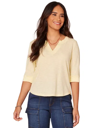Democracy Petite 3/4-sleeve Split Neckline Knit Top In Bucu Butte