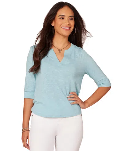 Democracy Petite 3/4-sleeve Split Neckline Knit Top In Island Sky