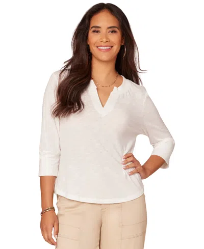 Democracy Petite 3/4-sleeve Split Neckline Knit Top In Off White