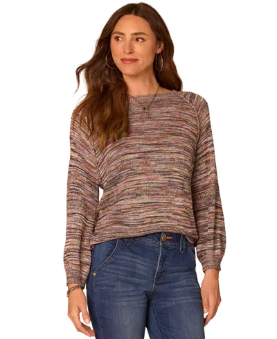 Democracy Petite 3/4-sleeve Blouson Space-dye Crewneck Sweater In Brown