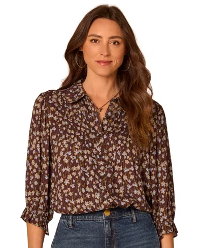 Democracy Petite 3/4-sleeve Floral Blouse In Coffee Bean